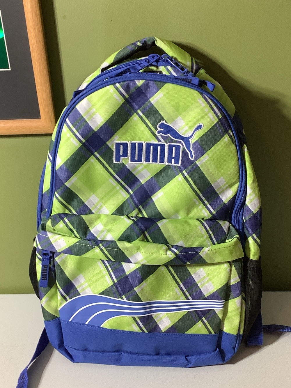 Puma lime green and ocean blue plaid backpack